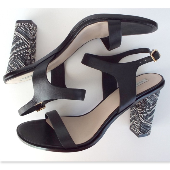 Unworn COLE HAAN Black Leather Ankle Strap Woven Wrapped Block Heel Sandals 8.5 - Picture 6 of 8